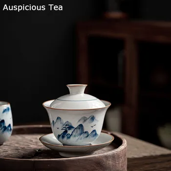 150ml Japāņu Sancai Pārklāts Trauks Tējas Tase ar Roku apgleznotus Antikvariāts, Zilā Un Baltā krāsā Kung Fu Teaset Tējas Ceremonija Drinkware Piederumi