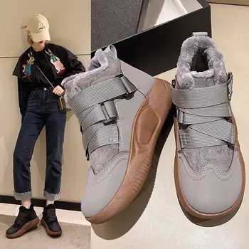 2022. gada ziemas new high-top kurpes sieviešu kurpes āķi un cilpas mākslīgā īsās plīša gumijas PU dzīvoklis apavi