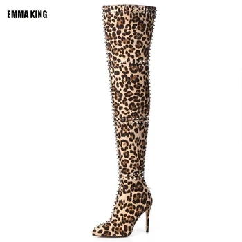 2022. gadam, Sievietēm Virs Ceļgala Zābaki Dāma 12cm Augstiem Papēžiem Sexy Leopards Ilgi Garie Zābaciņi Ziemas Fetišs Attvaicētājs Naktsklubs Kurpes 44