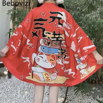 2022 Jaunu Bebovizi Red Laimīgs Kaķis Kimono, Japāņu Sievietes Yukata Sieviešu Āzijas Apģērbu Zaudēt Jaciņa, Krekls Tradicionālā Japāna Stils