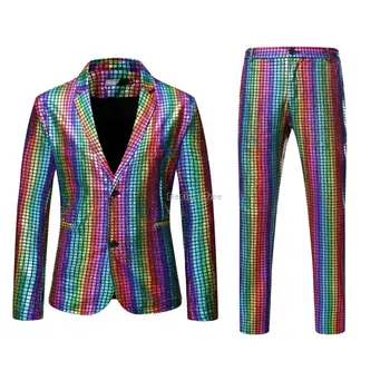2023 varavīksnes modelis zelta spieduma posmā naktsklubs puse vīriešu apģērbu, atdzesē liecina, spīdīgs kostīms jaka, bikses divdaļīga vīriešu uzvalku g209