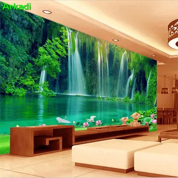 3D ūdenskritums plakātu, skaistas ainavas, pļavu dabas ainavām zaļā rīta lotus TV dzīvojamā istabā fona tapetes