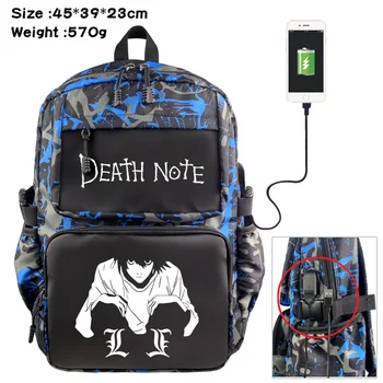 Anime Death Note Neilona Mugursoma Ikdienas Studentu Schoolbag USB Karikatūra Teenger Ceļojumu Klēpjdators Maisā, Rāvējslēdzējs uz muguras pārnēsājamiem Bookbag