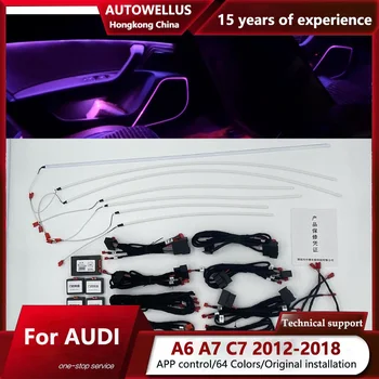 Atmosfēras Lukturis Audi A6 C7 A7 2012 2018 Burvju 256 Krāsu LED Interjera Apkārtējās Gaismas Durvju Footwell Gaismas, MMI Vadības