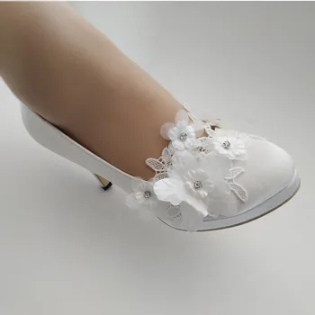 BaoYaFang Modes salda balta mežģīņu ziedu līgavas kleitu, kurpes sekla muti Rhinestone Kāzu Kurpes