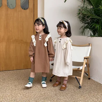 Bērniem Meitene Kokvilnas Kleita Ir 2021. Rudens Vintage Bērnu Apģērbs Toddler Garām Piedurknēm Kleitas Korejiešu Bērnu Meitene Lina Kleita Vienā Gabalā