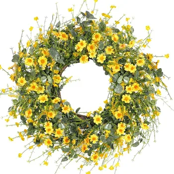 Dzeltena Daisy Vainags Pavasara Vainags Viltus Ziedu Vainags Ar Zaļām Eikaliptu Priekšējo Durvju Sienas Lauku Mājas Dekori