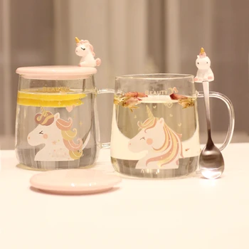 Gudrs Unicorn Stikla Krūze ar Vāku un Karoti Radošo Kafijas Krūze Tējas Tases Meitene, Dāvanu, Sadzīves Ūdens Kausa karstumizturīga Stikla Ziedu Tēja