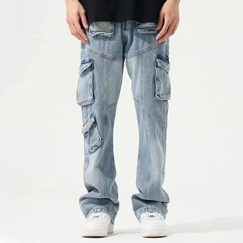 Hip Hop Streetwear Kravas Džinsa Bikses Multi Kabatas Taisni Mazgā Džinsa Bikses Vīriešu Atšķirīgās Harakuju