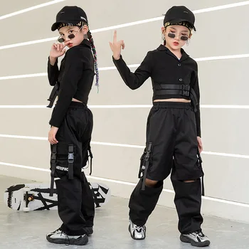 Mazulis Kpop Hip Hop Apģērbs, Melns V Kakla Kultūraugu Top Krekls ar garām Piedurknēm Streetwear Taktiskās Kravas Caurumu Bikses Meiteņu Deju Tērpu