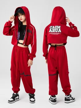 Meitenes Hip Hop Deju Apģērbu ar garām Piedurknēm Tracksuit Sarkanu Kapuci Mētelis, Bikses Chidlren Džeza Ielu Dejas, Apģērbs DNV16982