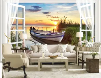 pasūtījuma sienas tapetes guļamistabā sienas 3d Skaistu saulrietu jūras ainava laivu mājas dekoru 3d foto tapetes dzīvojamā istabā