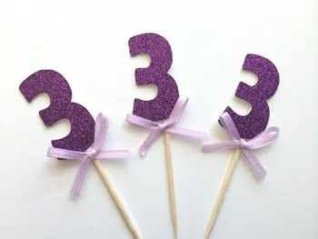 purpurkrāsas Mirdzums Cupcake Toppers custome numuru vai sākotnējā Dzimšanas dienu, kāzu zobu bakstāmos Līgavas bērnu duša puse dekori