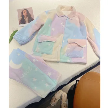 Rudens un Ziemas 2022 Sleepwear Gudrs un Sabiezējumu Japāņu Mīksti Plīša Daudzkrāsains Trušu Kopa ar garām Piedurknēm Pidžamas Bikses Sievietēm