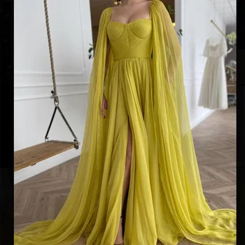 Sevintage Elegants Dzeltena Šifona Balles Kleitas, Ilgi Cape Mīļotā Pusē Sadalīt Ilgi-Line Vakara Tērpi Formālā Puse Kleita 2022