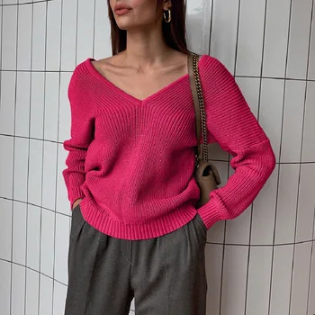 Sieviešu biroja dāma sarkanā krāsa adīts džemperis ar garām piedurknēm sexy dziļu v veida kakla high street silts džemperis ir 2021. ziemas jauno modes outwe