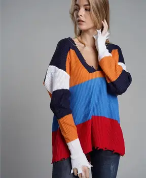 Sieviešu Dziļu V veida Kakla raibs svītru mīksti adīts Tops Dāmas džemperis džemperis pušķis lielgabarīta pārāk plats džemperis