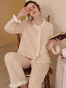 Sieviešu Francijas Tiesa Vintage Nakts Pidžamas Komplekti Dubultā Samta Ruffles Salds Jaciņa Pantsuits Loungewear Bieza Ziemas Homewear