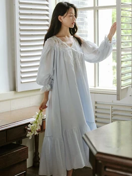 Sieviešu Mežģīņu Kokvilnas V-Veida Kakla Ruffles Vintage Nightgowns Drēbes Ilgi Pasaku Viktorijas Romantiska Princese Sleepwear Nightdress Homewear