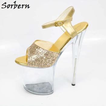 Sorbern 20cm Pārredzamu augstpapēžu kurpes Sieviešu Sandales 10cm Platforma Siksnu Sprādzes Sequines Plus Izmēru (Unisex Deju Grupa Kurpes Sandales