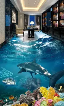 tapetes sienām ruļļos Pielāgotas 3D grīdas haizivs Dzīvojamā istaba Vannas istaba 3D grīdas pašlīmējošās papel de parede