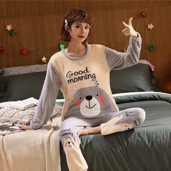 Vairumtirdzniecības 2021 Rudens Ziemas Sievietes Siltas Flaneļa Pidžamas Komplekts Sabiezēt Meitene Drukāt Pyjama Kopa Ar Garām Piedurknēm Sleepwear Komplekts Sievietēm