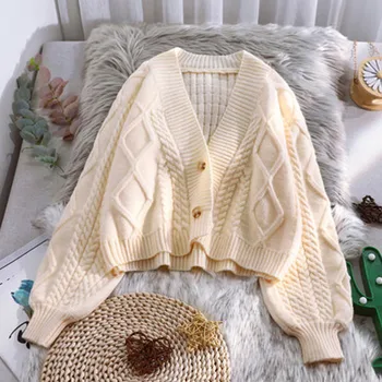Vintage Īsā Jaciņa Trikotāžas Džemperis Sievietēm, Topi Pavasara Rudens V-Veida Kakla Ar Garām Piedurknēm Cietā Džemperi Mētelis Sieviešu Apģērbu H1670