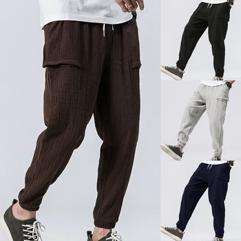 Vīriešu Modes Gadījuma Zaudēt tīrtoņa Krāsu Harēma Bikses Plaša Kāju Elastīgās Bikses Streetwear Kokvilnas, Linu Bikšu Cilvēks Jogger Bikses