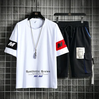 Vīriešu T Krekls Un Šorti Komplekti 2022 Vasaras Harajuku Moderns Kokvilnas Gadījuma Tshirt Haki Kravas Kabatām Hip Hop Cilvēks Tracksuit 2 Gabals
