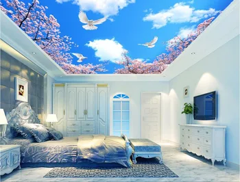 WDBH pielāgotas 3d griestu gleznojumi fona zilas debesis mākoņu ķiršu koku apdare glezna 3d sienu gleznojumi tapetes dzīvojamā istabā