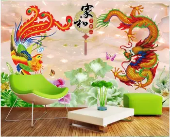WDBH pielāgotus foto 3d tapetes Ķīnas krāsu griešanai pūķis un phoenix fona mājas dekors dzīvojamā istaba tapetes, sienas 3 d