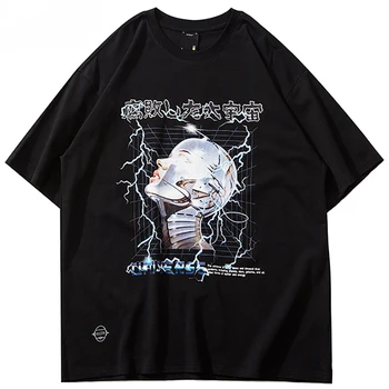 Zibens Kosmosa Robotu Hip Hop Vīriešu Krekls, Streetwear Harajuku Lielgabarīta T-Krekls Japāņu Kanji Īsām Piedurknēm Kokvilnas Topi Apģērbi
