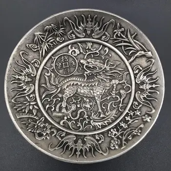 ķīnas tibetas sudraba Kirin, celt labklājību, sudraba dolāra monēta Plāksne, metāla amatniecības Ģimenes apdare