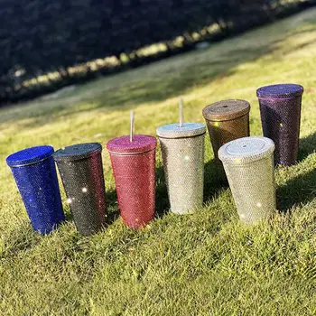 Ūdens Pudele ar Salmiņu Rhinestone Virsmas Portatīvie nodilumizturīga Multi-krāsainu Izturīga Siltuma Krūze Tūrisma Piederumi